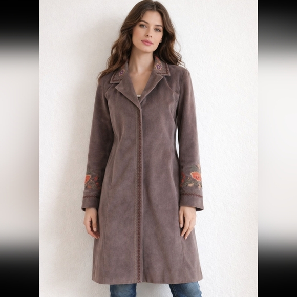 J. Jill Jackets & Blazers - J. Jill Brown Velvet Embroidered Trench Coat Size XS